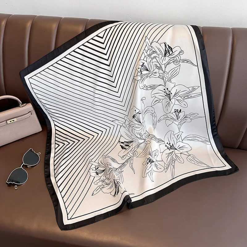 Spring/Summer Soft Satin Imitation Silk Neck Scarf 2024 New Stripe Wrap for Women Breathable Flower Printing Square Scarf Z260330