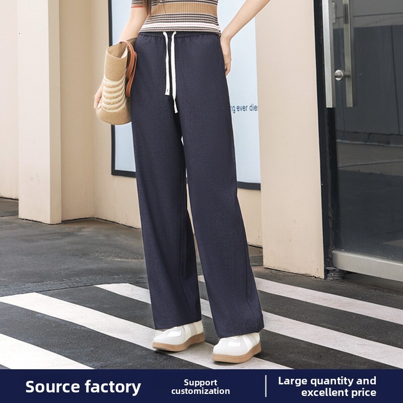 New high-waisted wide-leg denim casual, loose drawstring drapey long pants with elastic waist and straight cut