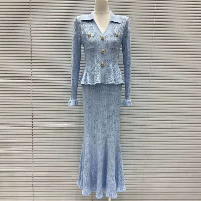 Fall French Style V-Neck Ruffle Blouse & Skirt Set, Slim Fit Elegant 2 Piece Office Outfit, Viscose + Nylon Blend Mdng260330