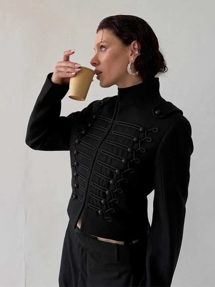 Womens Napoleon Style Black Cropped Jacket Coat Long Sleeve Tops Braided Button Trim Vintage Slim Fit Fashion Lady OuterwearT260328