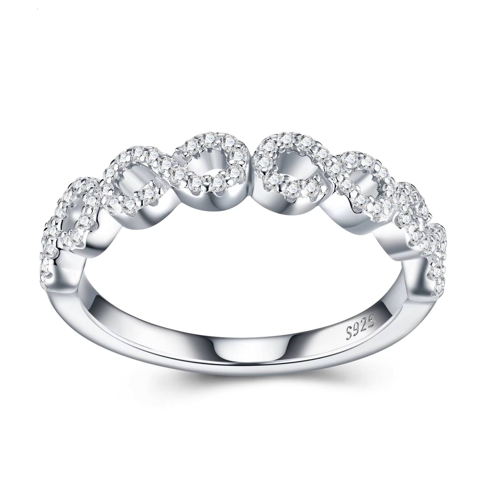 Infinity Link Cross Shape Platinum Plated 925 Sterling Silver Pave Moissanite Engagement Eternity Band Luxury Stackable Ring