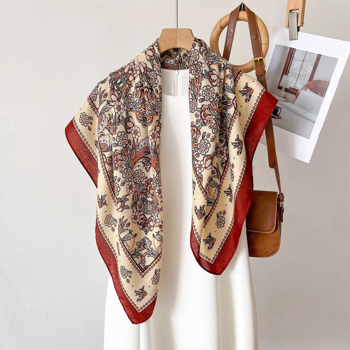 9090cm Retro Printed Square Scarf Women Imitation Silk Scarves Bandanas Summer Travel Shawl Wraps Elegant Hijab Neckerchief Z260330
