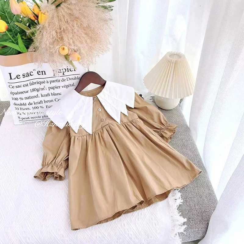 Girl Dress Spring 2024 New Retro Van Doll Pointed Collar Girls Dress Long Sleeve Khaki Princess Dress Sweet Casual DressT260330