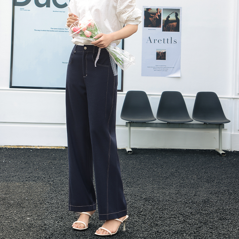women's long high-waisted wide-leg denim casual street-style straight-leg pants