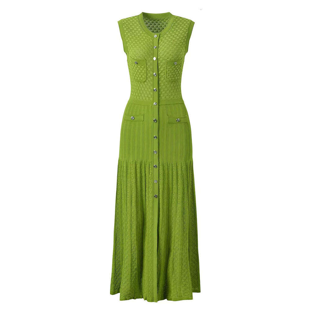 Summer new designer women's sleeveless dress slim fit knitted f23 hollow elegant long skirt 2026