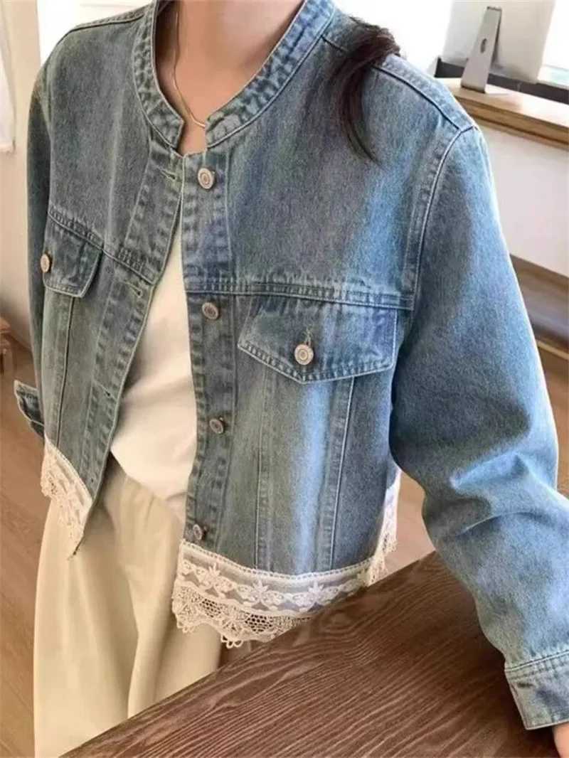 New jacket Denim jacket Early spring Retro Washed Small Collar Lace Stitching Loose Casual Denim Jacket Womens Short ParagraphT260328