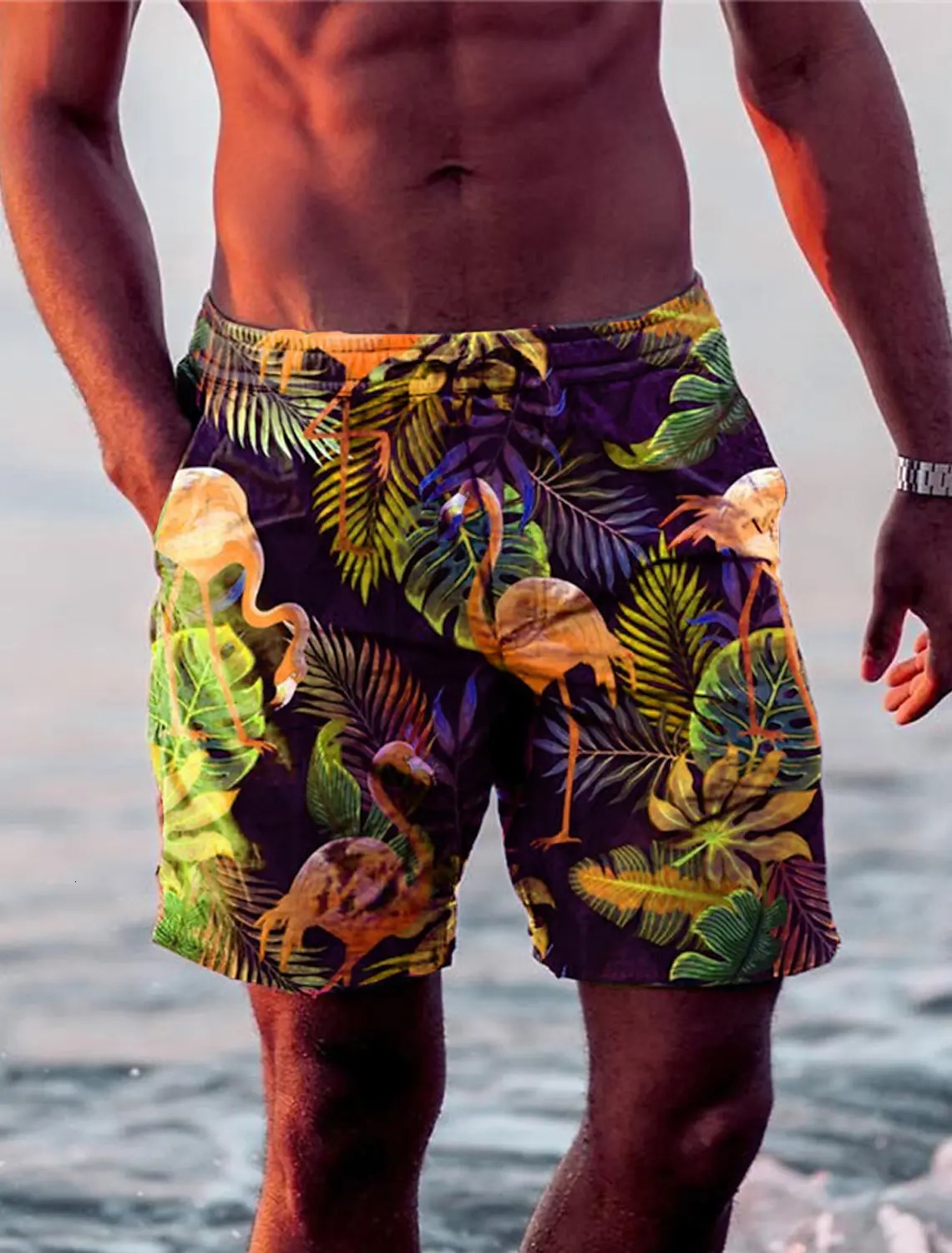 Mens Shorts Swim Trunks Drawstring Leaf Flamingo Graphics Quick Dry Short Casual Holiday Hawaiian Micro-elastic 260330
