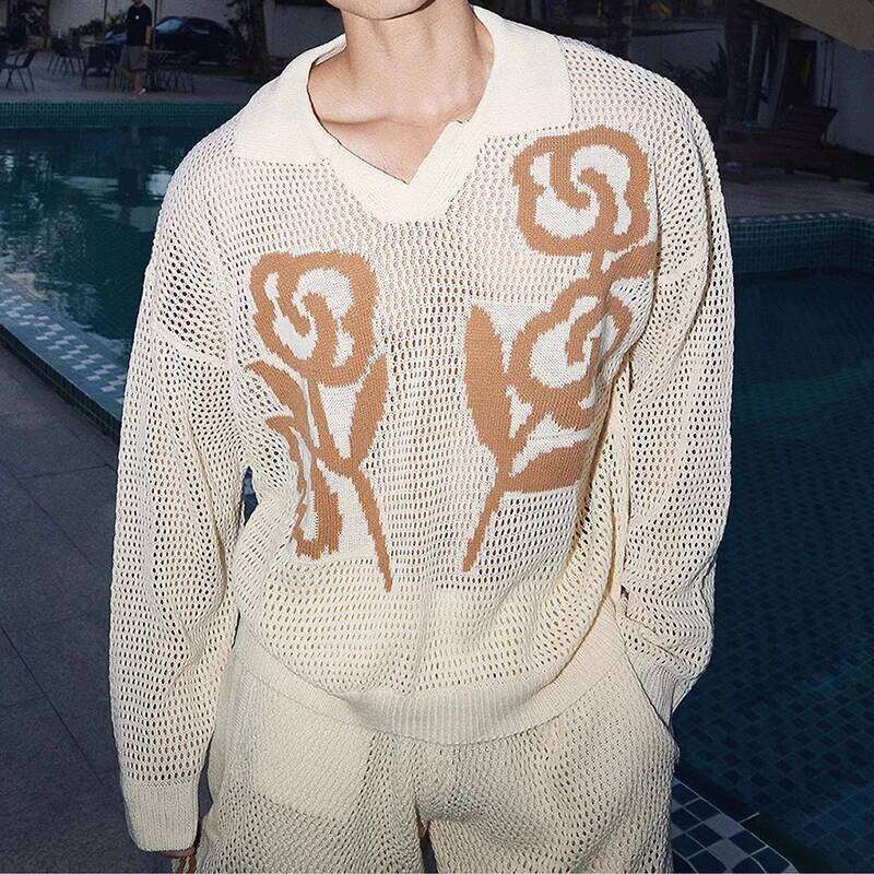 Vacation Seaside Beach Breathable T Shirts Mens Knitting Hollow Out Mesh Pullovers Men Stylish Turn-Down Collar Crochet T-Shirt
