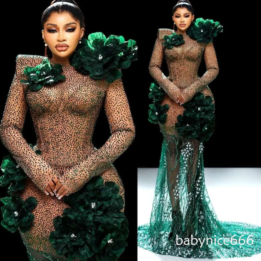 Aso Ebi Dark Green Mermaid Prom Dresses Lace Evening Gowns with Flowers and Crystals - Plus Size Robe de Soiree Mariee Luxe
