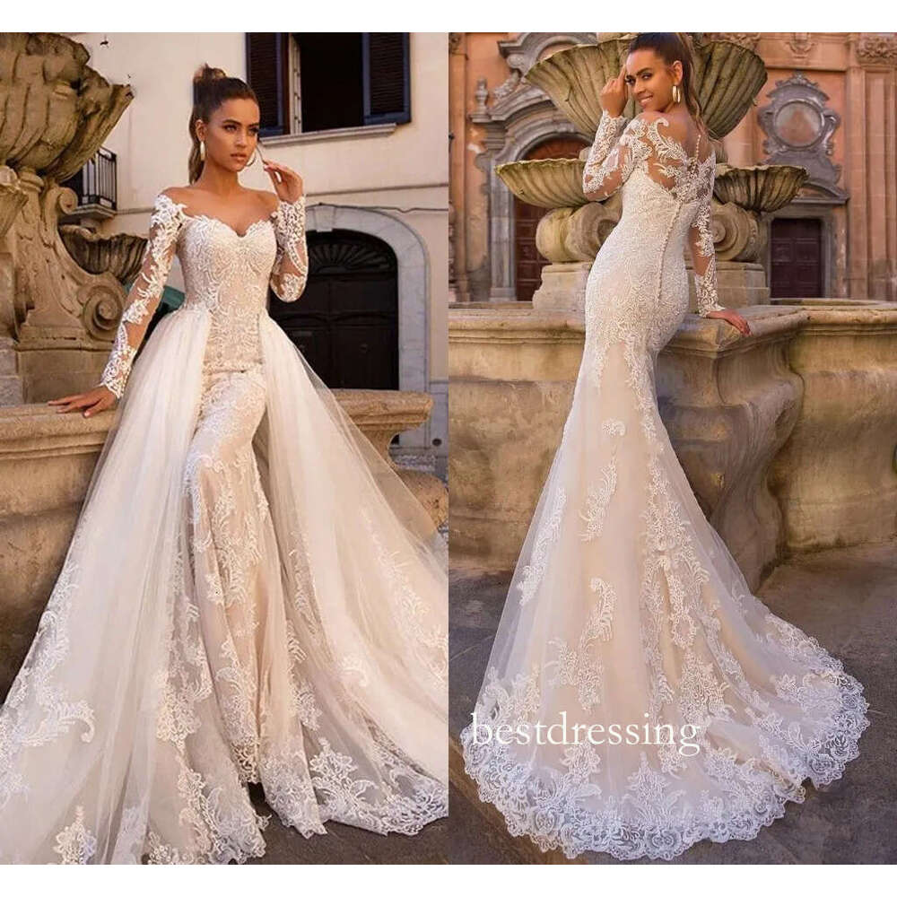 Long Sleeves Vintage Mermaid Wedding Dresses With Detachable Skirt 2 In 1 Luxury Lace Applique Garden Farm Bridal Gowns Robes D0330