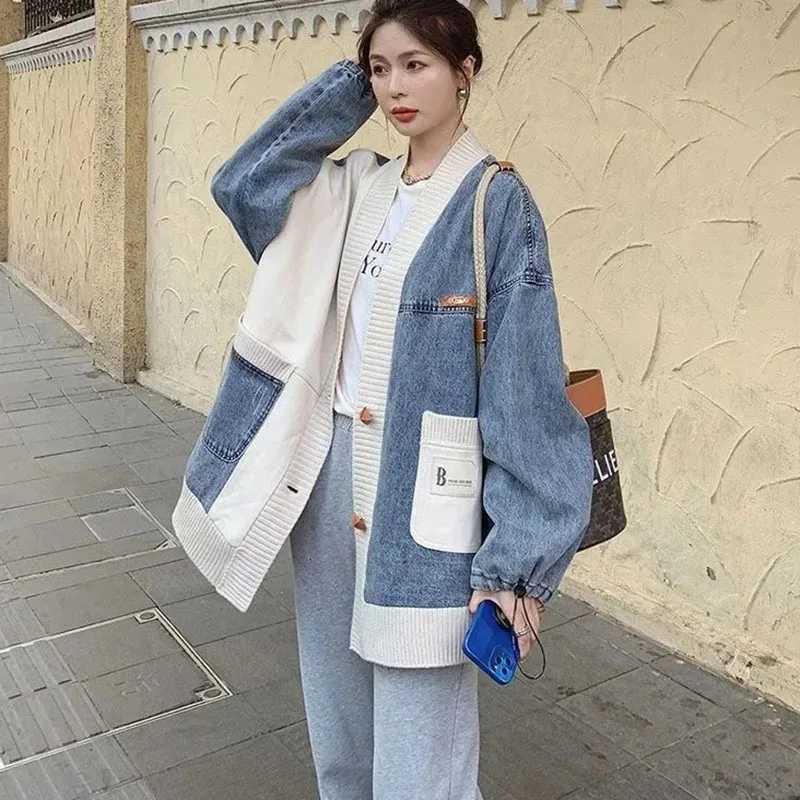 New Oversized Womens Denim Coat Autumn Design Sense Loose Baseball Jacket Top Fashion Female Sweater Patchwork Outerwear 4XLT260328