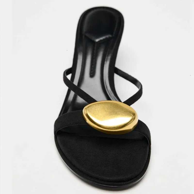 Summer 2025 Metal Decorative Black High-heeled Sandals Women Fashion Round Toe Open Toe Sexy Thin High Heel Slippers Ladies Shoe Z260330