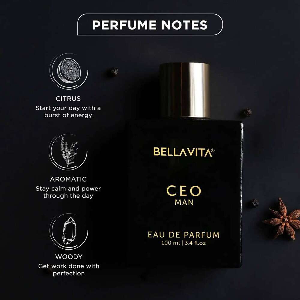 BellaVita Luxury CEO Men's Perfume 3.38 Fl.oz Long-Lasting Fragrance with Lemon Lavender Tonka Vetiver Moss for Men 26Y0330