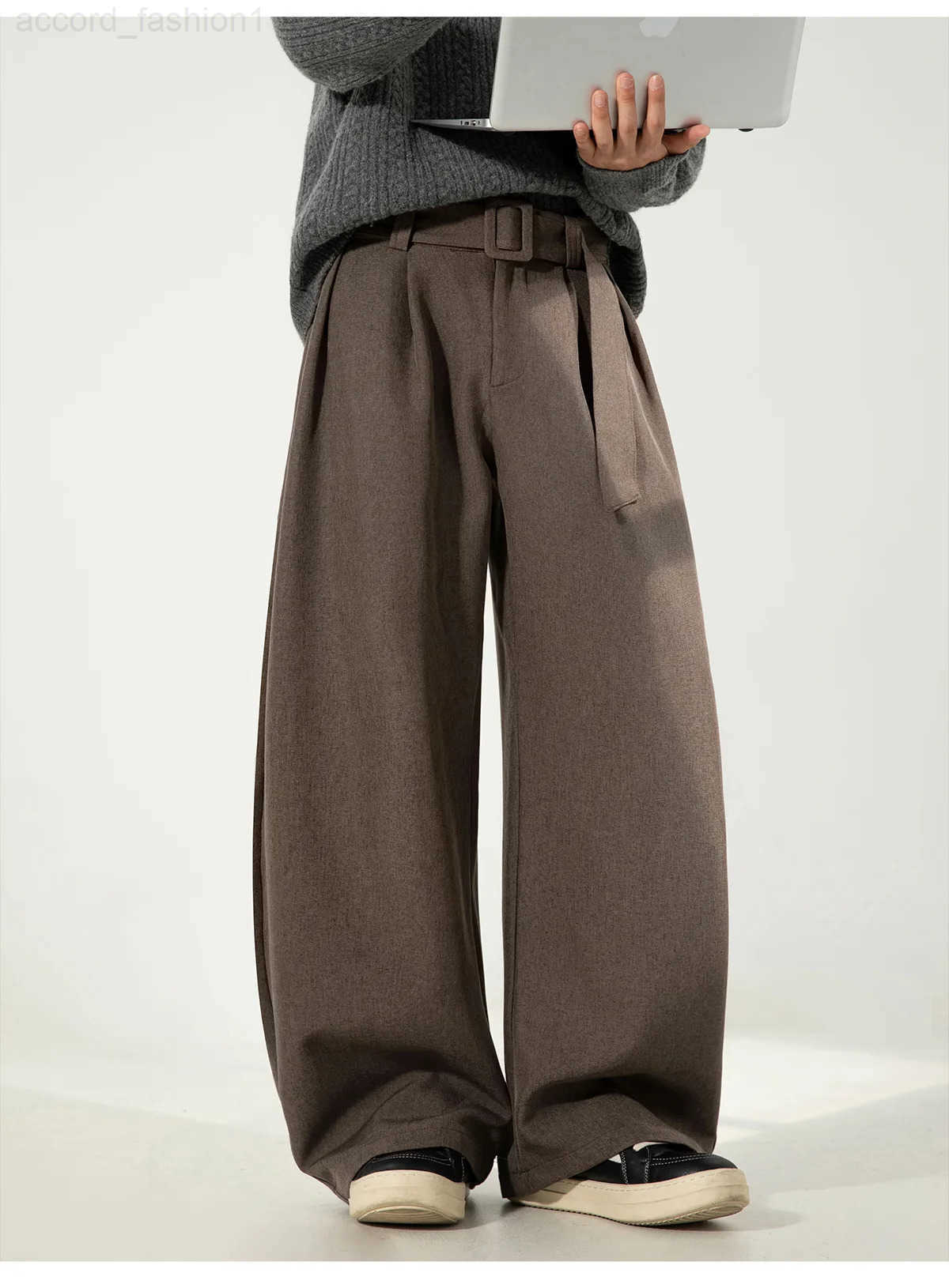 Mens Pleated Drape Curved-Leg Trousers Loose-Fit Straight-Leg Pants Retro-Style Belted Casual Pants H260330
