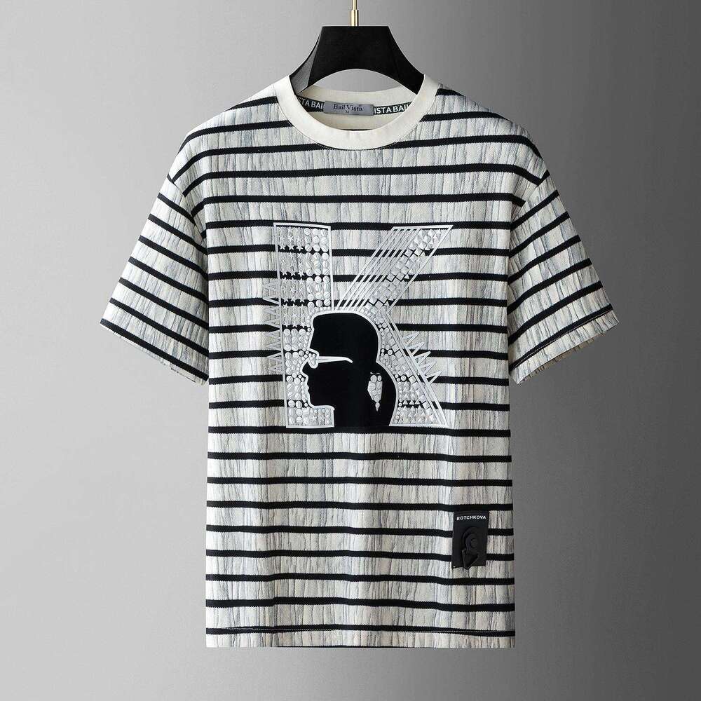 luxury Summer European Collection High-End Striped Printed Short-Sleeve Fashion Brand Loose-Fit New Men's T-Shirt