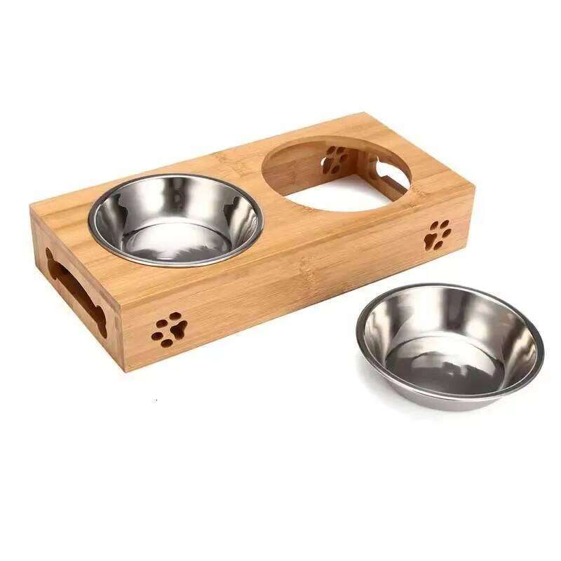 Small Food Pet Dog Cat Ceramic Bowl Bamboo Wooden Table Into A Kitten Skid Resistant Double 26W0330