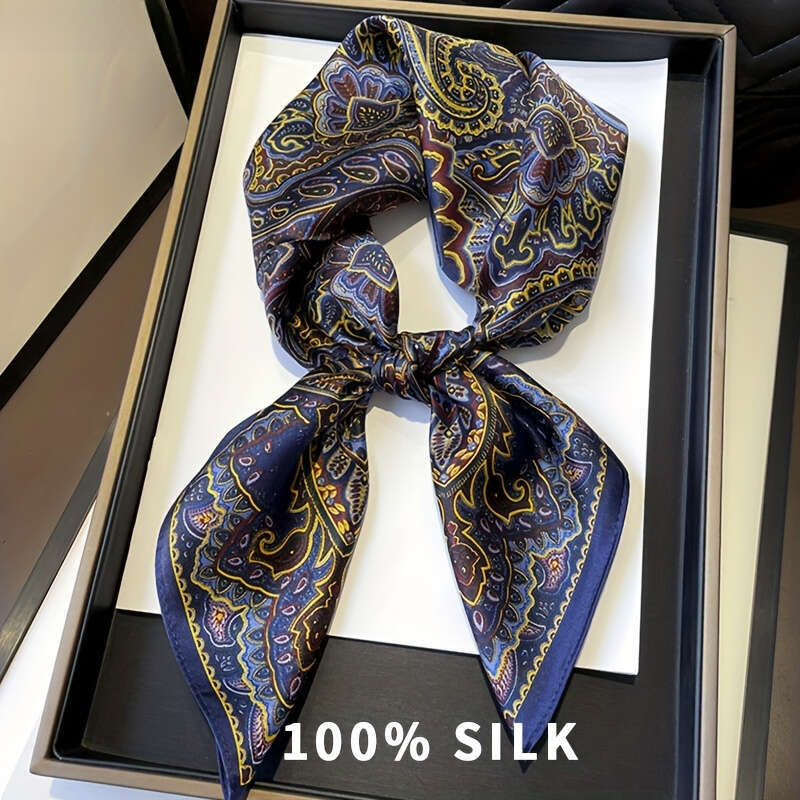 100% Mulberry Silk Blue Floral Breathable Square Scarf Elegant Accessory Non-Elastic Essential For Outdoor Decoration Liuyuemoshang