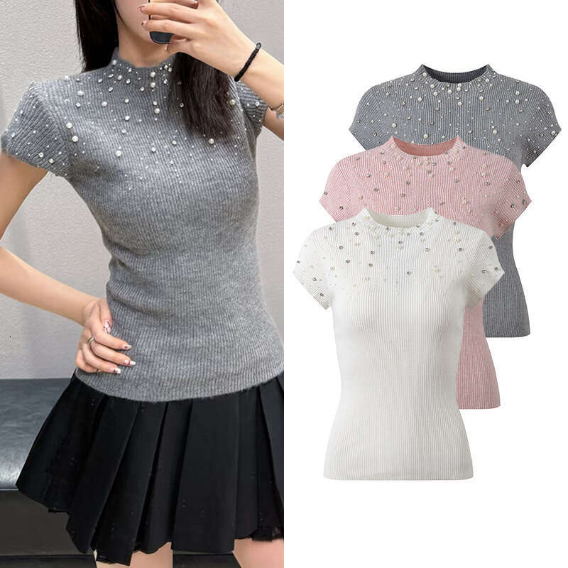 2026 Spring and Summer New Designer Fashion Casual k30 Style FC Pearl embellishment Slim Knitted Short Sleeve Top