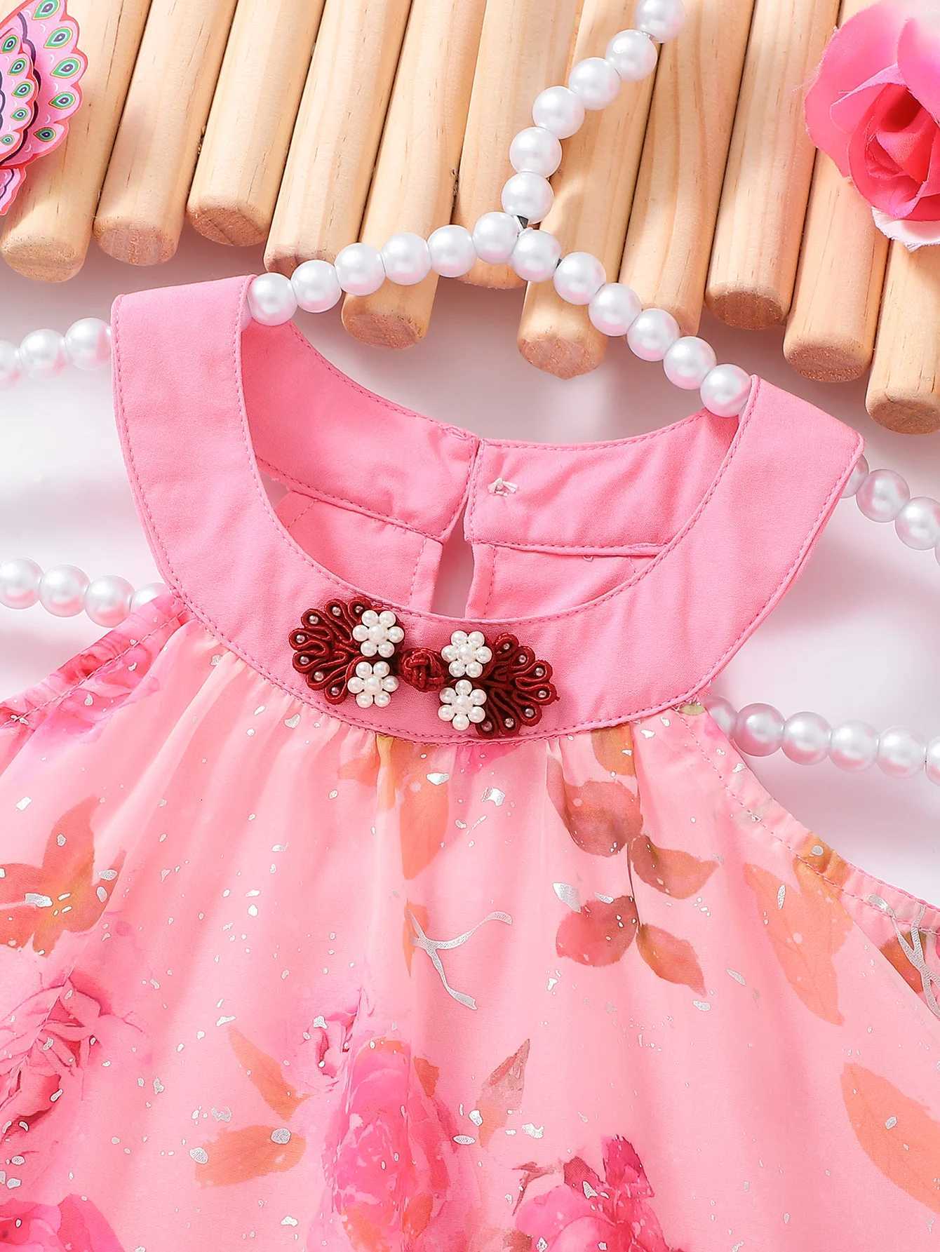 Girls Pink Rose Print Hanging Neck Princess Dress Childrens Sequin Tulle Gown Elegant Party Wear for KidsT260330