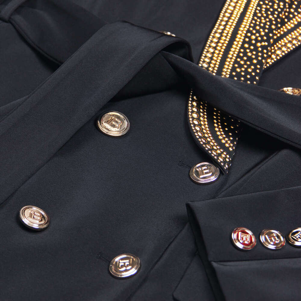 Spring and Autumn New Designer Fashion Women's Medium to Long Sports Jacket with Gold Foil e22 Belt Shawl Neck Black and White
