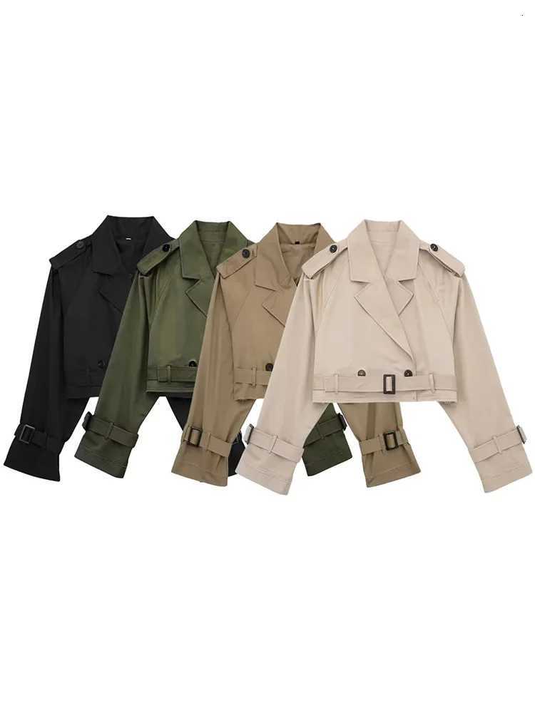 HH 2025 Women Belt Cropped Trench Spring Jacket Vintage Streetwear Double Breasted Long Sleeve Top Female Coat OutfitsT260328