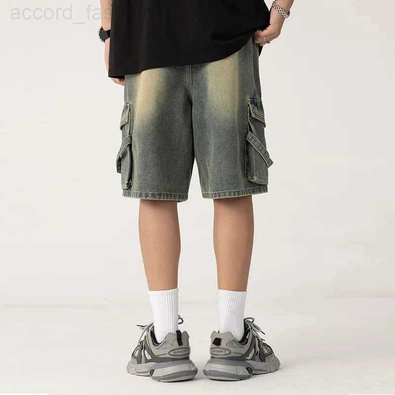 2025 New Cowboy shorts mens high-end personalized drawstring loose casual denim five quarter pants loose plus wide leg pants H260330