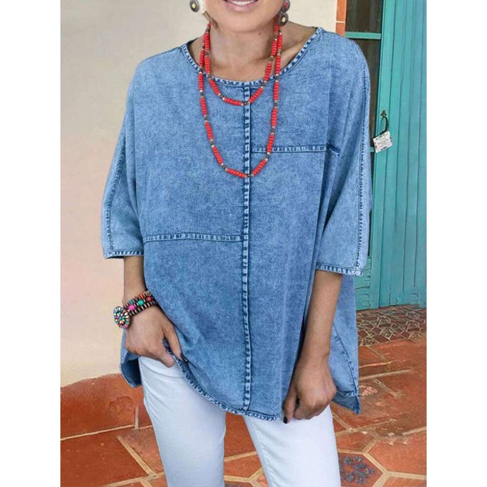 Women's Denim T Shirt Half Sleeve Loose Casual Vintage Summer Fashionable O-Neck Plus Size Tee Top Solid Retro Tops