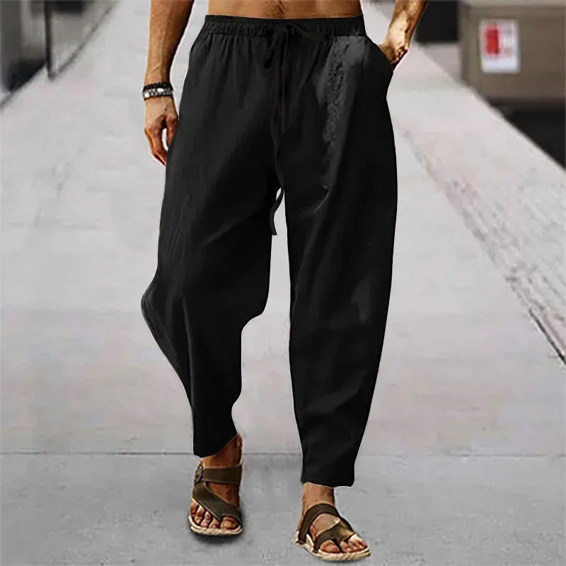 2026 Men Cotton Linen Pants Summer and Autumn Solid High Waist Wide-Leg Trousers Male Loose Hemp Casual Breathable Sports Pants 260330