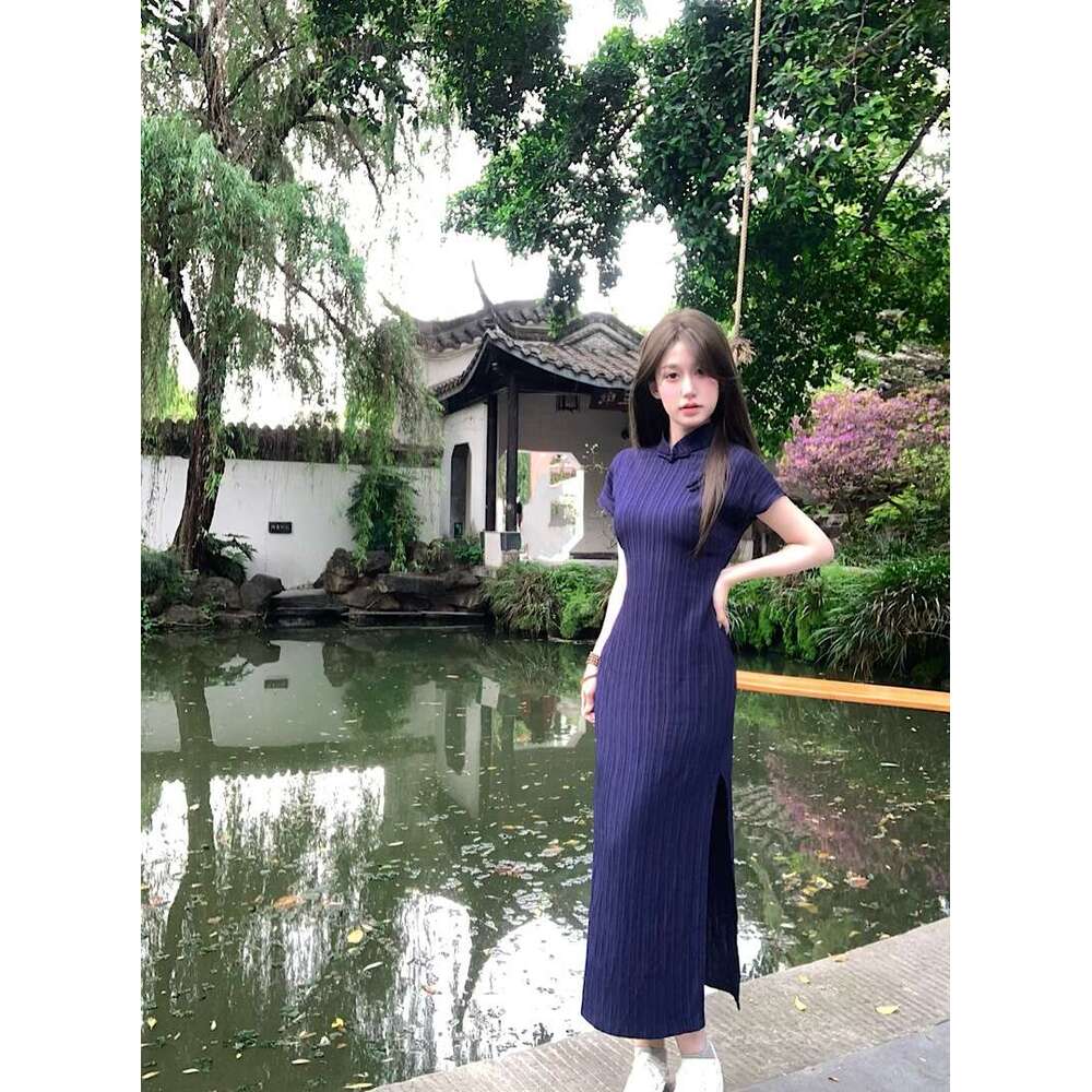 Improved Cheongsam Button Short Sleeve For Women Summer New Chinese National Style Slim Fit Split Waist Bodycon Long Dress Qipao Hanfu Silk