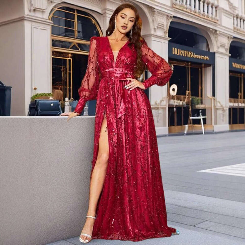 2026 European American cross-border women's new autumn mesh sequin long evening dress for banquets and events