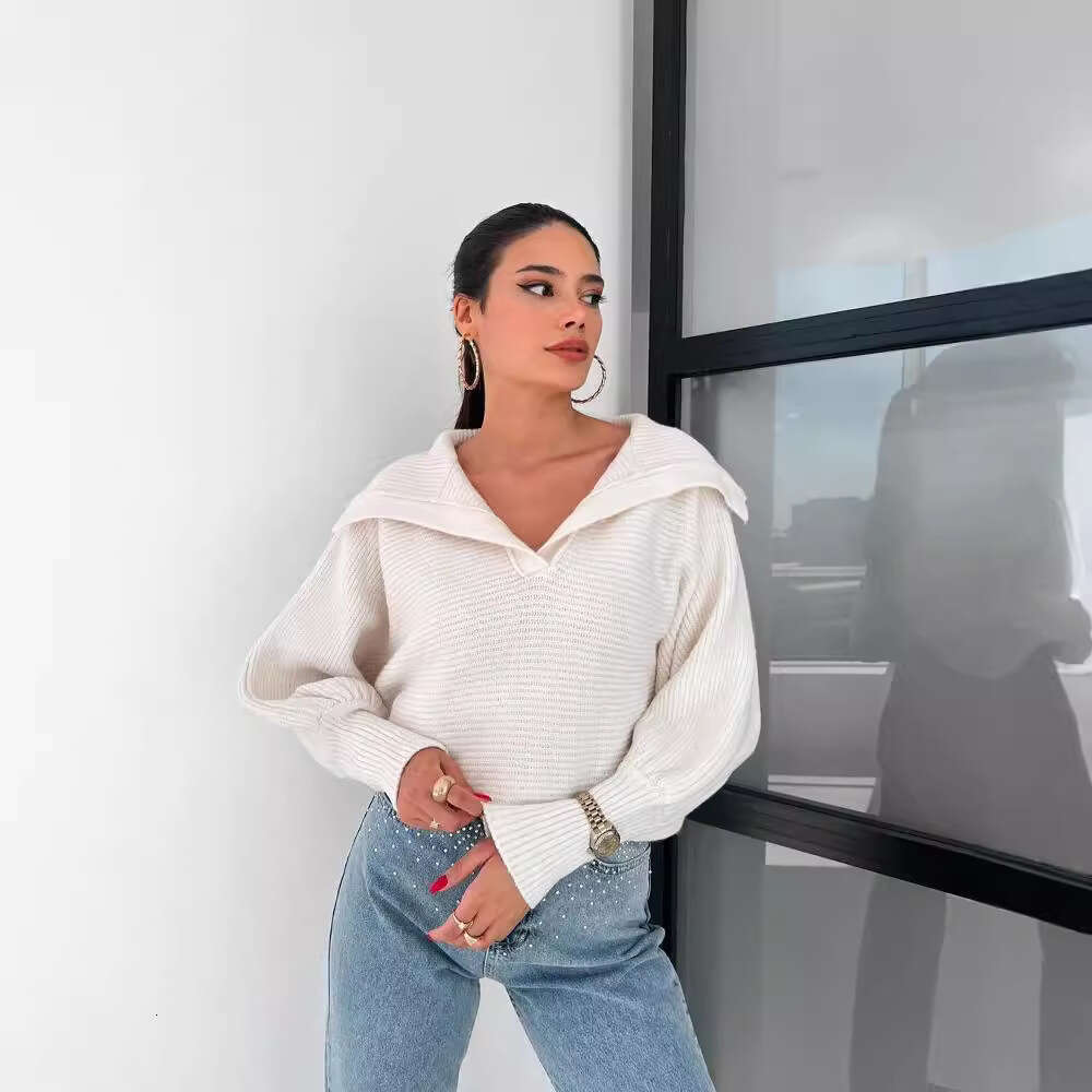2026 European American cross-border autumn and winter hot-selling casual loose lantern sleeve open-neck pullover women's short sweater