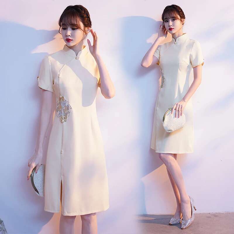 Traditional Chinese Red Black Apricot Embroidery Cheongsam Summer Short Sleeve Young Dress Modern Qipao New Year CNY MAKOUFEI