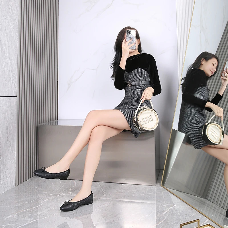 Fashion Stitching Woolen Womens Basic Black Soft Leather Ballet Shoes Flat Shoes Round Toe Shallow Bow Ballet Single Shoes 260323