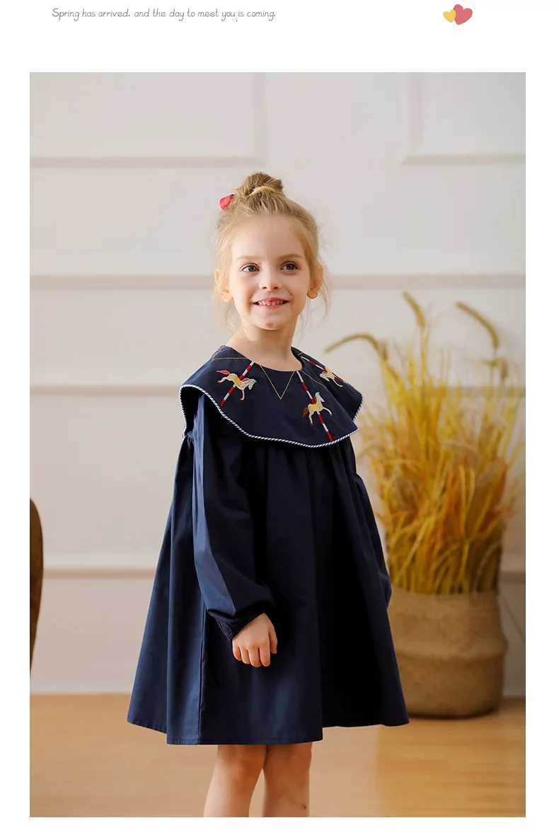 Girls Casual Dresses Carousel Embroidered Lapel Long-sleeved Dress for Girls Wedding Dress Kids Clothes for GirlsT260330
