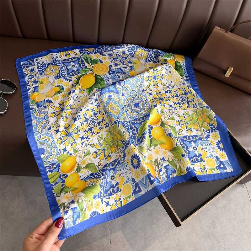 Lemon Print Silk Square Scarf Wen Luxury Soft Satin Kerchief Thin Neck Scarf Fashion Sunscreen scarf For Wen Bag Ribbon X260328