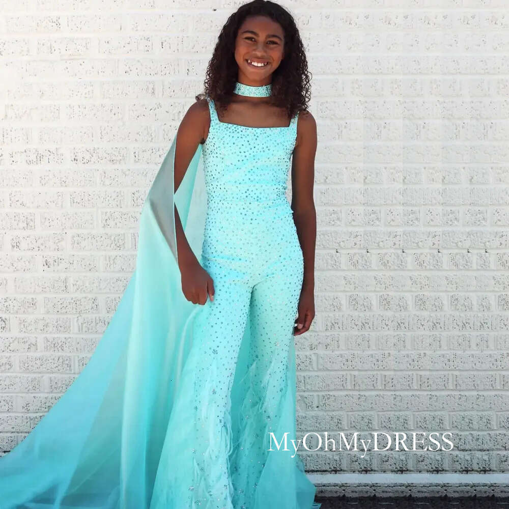 Modest Beaded Jumpsuit Girls Pageant Dress 2024 Square Neck Feather Birthday Party Gown Little Kids Outfit With Cape D0330