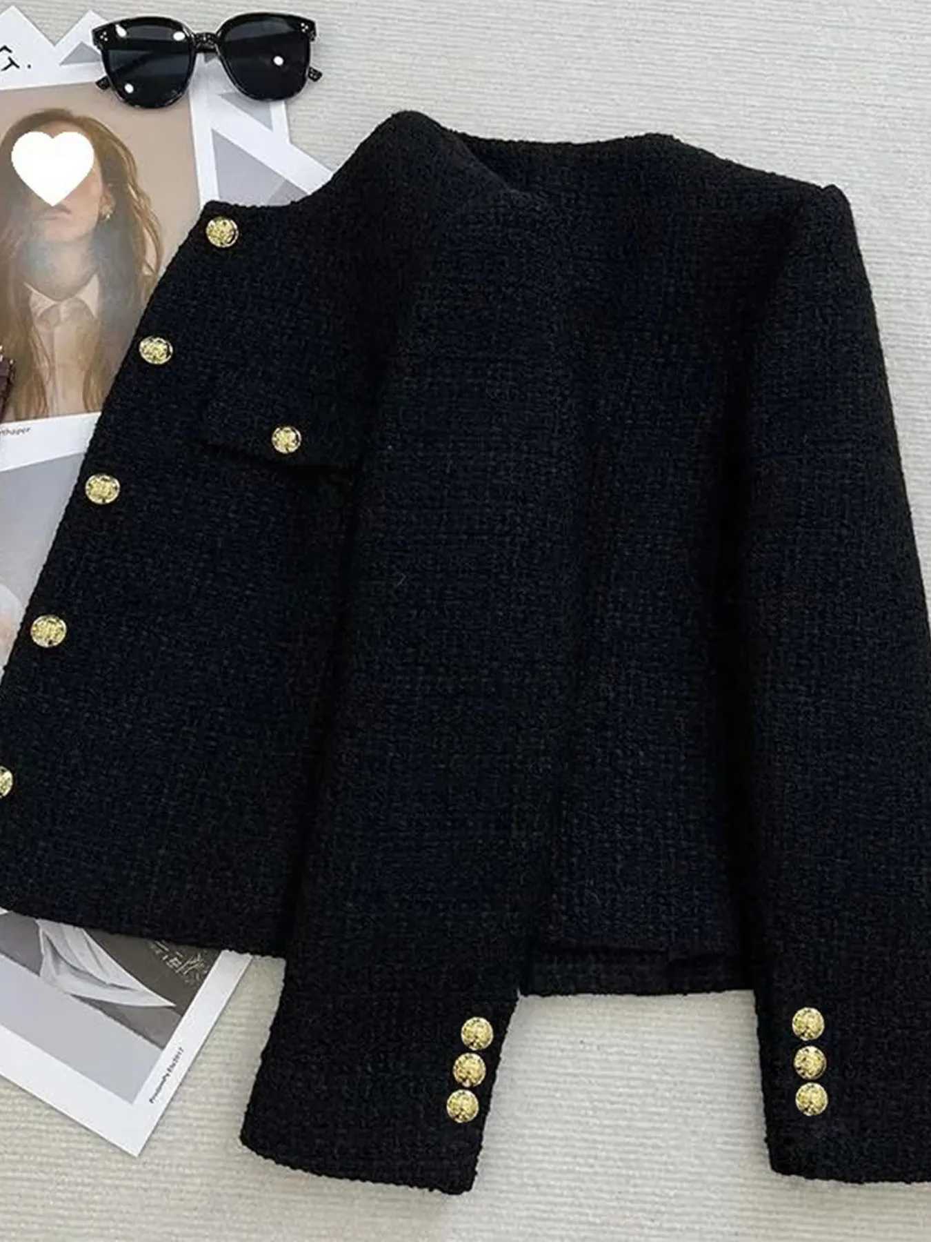 French Wool Tweed Coat Fashion High-end Gold Button Short Slim Temperament Spring and Autumn Korean Coats Women Jacket NewT260328