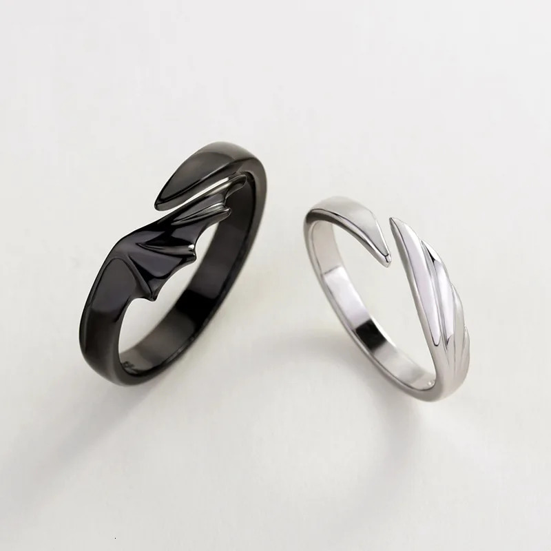 OBEAR 100 925 Sterling Silver Angel And Devil Couple Rings Wing Feather Opening Rings for Women Men Lovers Party Jewelry 260324