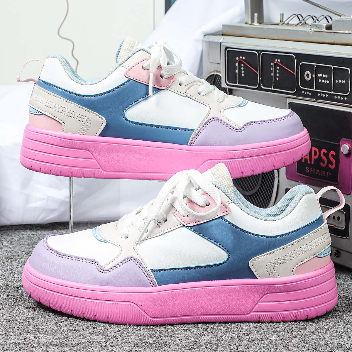 Kids Teen Women Men Pastel Color Block Platform Sneakers Casual Fashion PU Leather Walking Shoes Breathable School Daily Shoes Free Shipping
