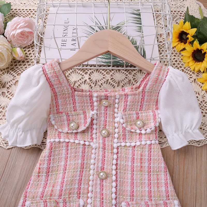 Humor Bear Kids Clothes Checked Pearl Buckle Floral Dress Cute Princess Dress Puff Sleeves With Small Fragrance DressT260330