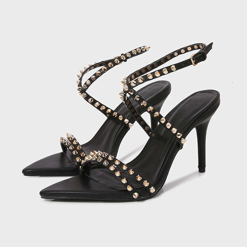 2026 Summer New Black Rivet French Style Elegant Design Shoe High Heel Pointed Toe Sexy One-Strap Sandals