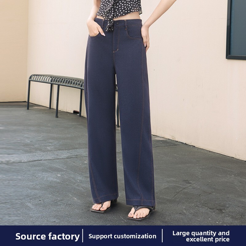 Spring/Summer Lightweight Denim Curved-Cut for Women, Loose Fit, Draped Long High-Waisted Wide-Leg Casual Pants, Streetwear Straight-Leg Pants