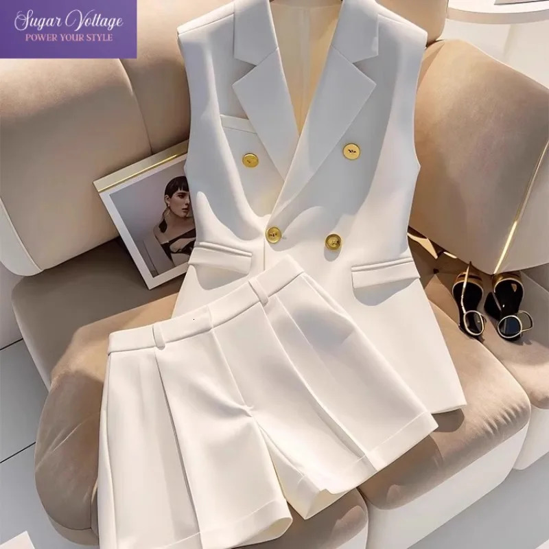 Elegant Office Lady Sleeveless Blazer and Shorts Set with Gold Button White Two Piece Suit Women Summer Business Casual Outfit 260326