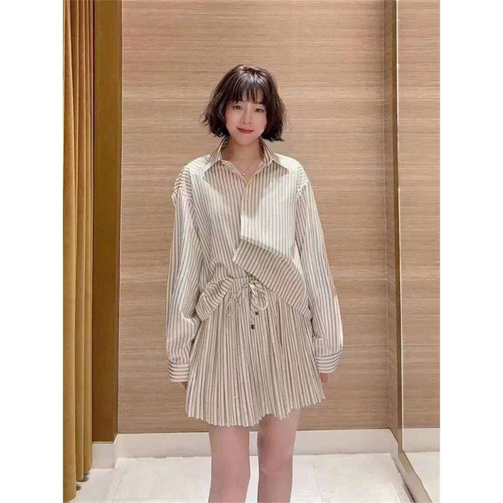 Rhinestone Decoration Women Striped Shirt Turn-Down Collar Blouse Top Or Elasitc Waist Pleated Mini Skirt For Ladies Mdng260330