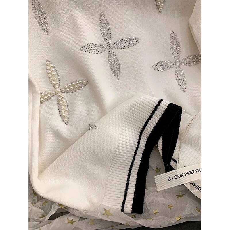 Summer Fashion Round Neck Beading Knitting T-Shirt Ladies Short Sleeve Loose Casual Patchwork Tee Top Women All-Match Pullovers