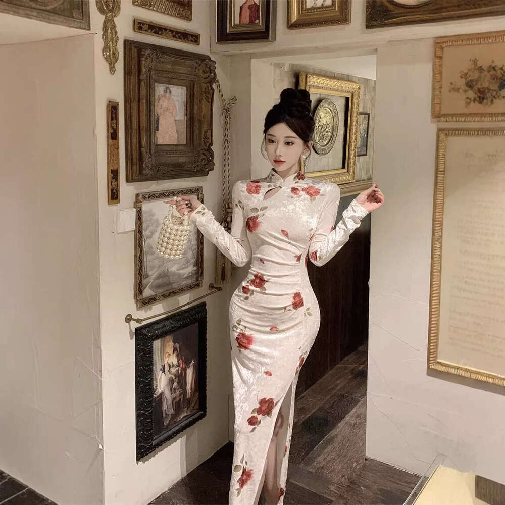New Elegant Velvet Print Contrast Color Slim Waist Bodycon Skirt Chinese Style Modified Cheongsam Dress Qipao Hanfu Silk