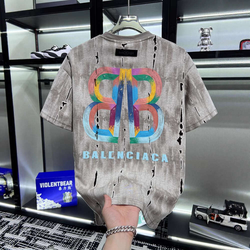 European high-end fashion printed ripped short-sleeve t-shirt for men, trendy brand, loose fit, luxury summer new men's half-sleeve shirt