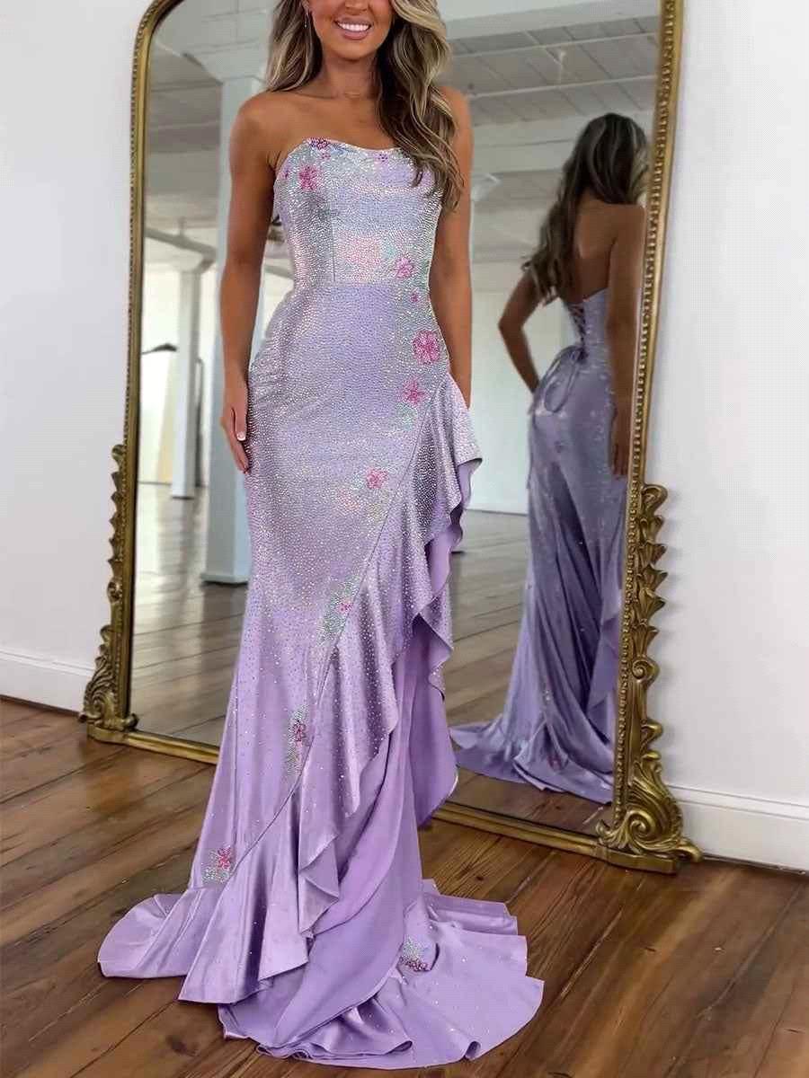 Elegant Yellow Flora Strapless Mermaid Prom Dresses Side Split Backless Corset Long Women Evening Party Gowns Gala Robes de soiree M30BC22200