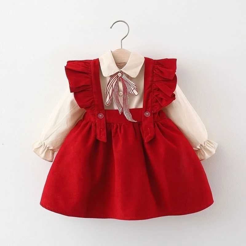 2 Pcs New Autumn Spring Baby Girl Bow Dresses Girls Long Sleeve Pure Cotton Newborn Birthday Dress Beige T-shirt and Red DressT260330