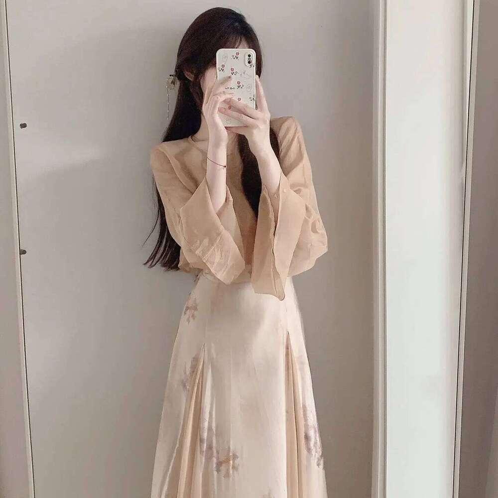 Women Khaki Cheongsam High Quality Vintage Slim Elegant Show Costumes 2 Piece Sexy Halter Dress With Coat Qipao Set MAKOUFEI